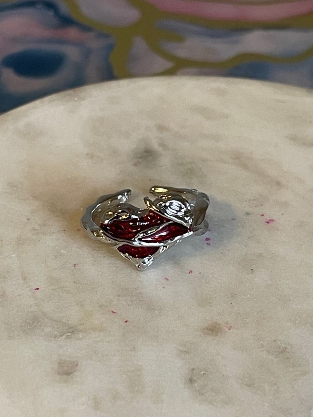 Silver Tone Women's Heart Ring with Red Enamel Accents adjustable